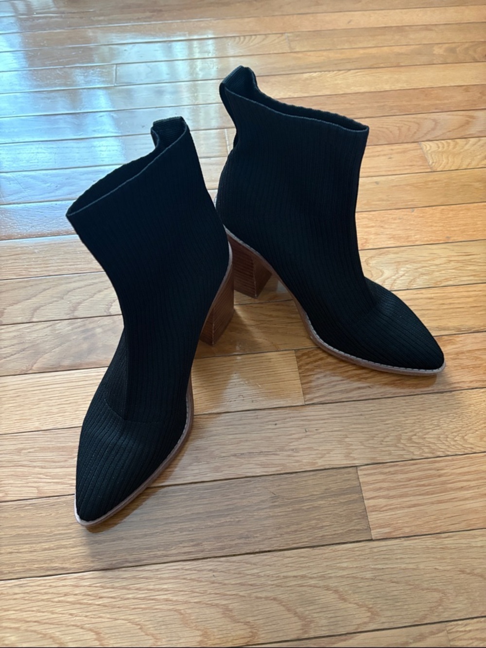 Steven By Steve Madden Black Knit Sock Ankle Boots with Brown Block Heel